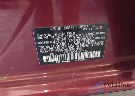 2019 Subaru Crosstrek 2.0I Premium from USA, damaged, VIN JF2GTACC4KH399650